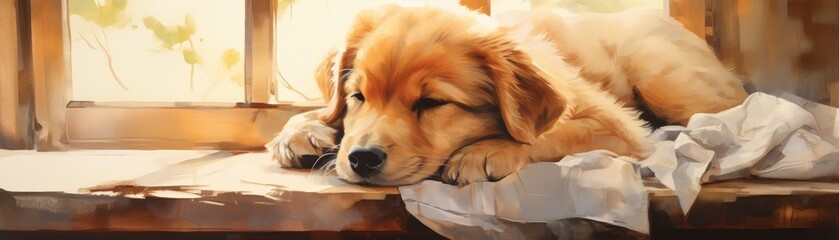 serene watercolor of a sleeping puppy in a sunlit room