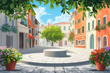 Italian Piazza Podium Scene, 3D Minimalistic Illustration