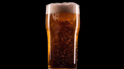 A glass of beer with foam and drops on a black background