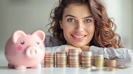 A close-up of a young businesswoman's head, with several stacks of coins and a pink piggy bank in...