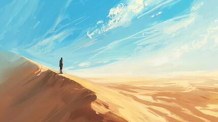 Stand at the edge of a vast desert expanse, where endless sand dunes reach to the distant horizon,