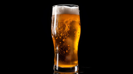 A glass of beer with foam and drops on a black background