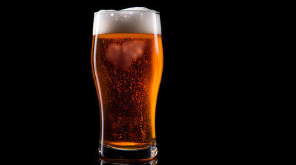 A glass of beer with foam and drops on a black background