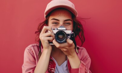 Young woman holding the camera while taking pictures