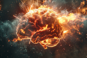 Brain ablaze, dynamic explosions depict degenerative cognitive diseases' turmoil. Intense 3D visualization - obrazy, fototapety, plakaty