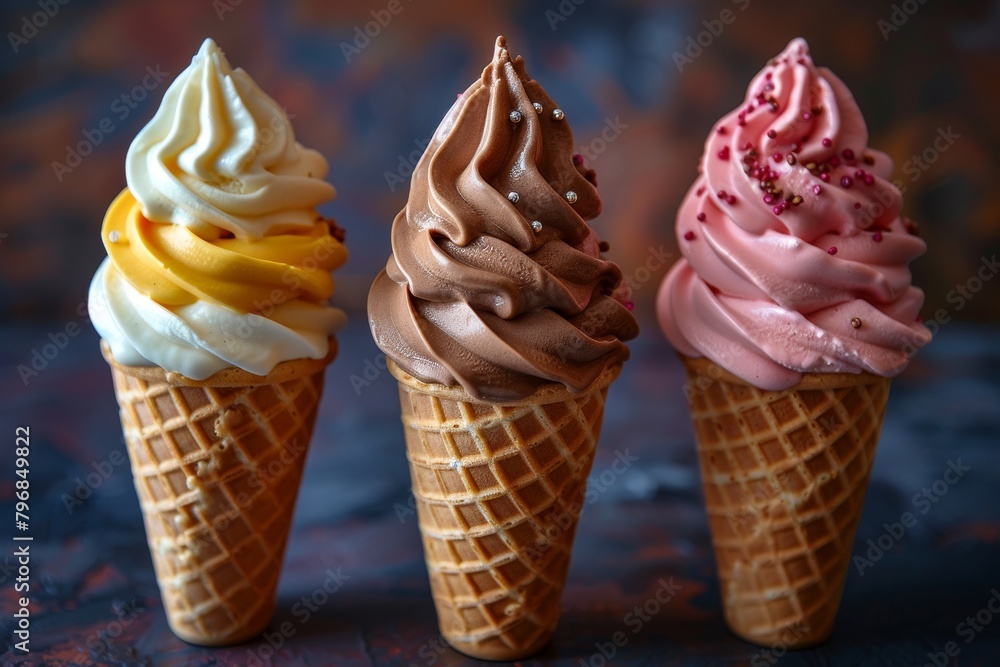 Aufkleber close-up of three delicious soft serve ice creams in different flavours with a dark moody background
