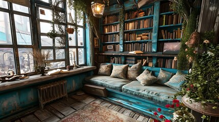 Fototapeta premium Cozy Reading Nook Nestled by a Bay Window