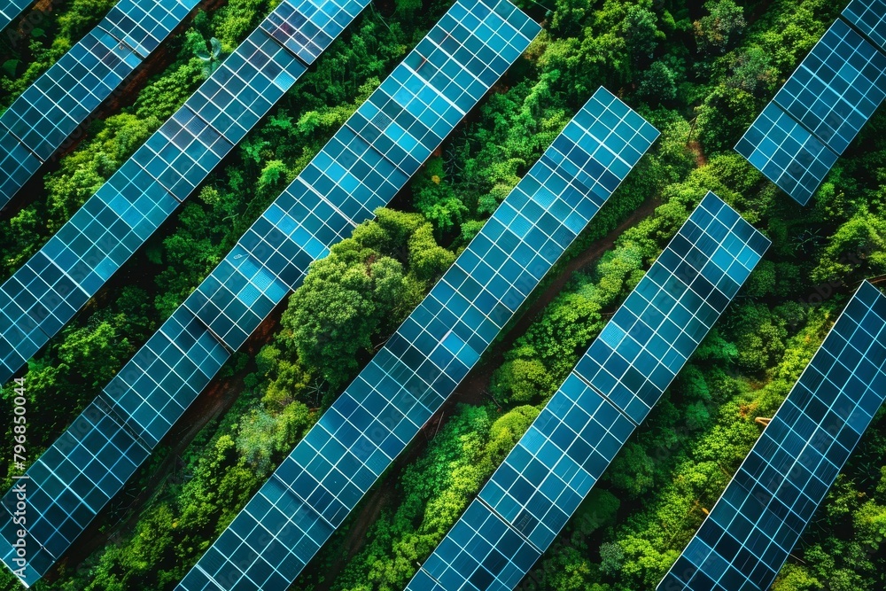 Poster top down aerial view capturing a line of solar panels strategically placed in a lush forest clearing