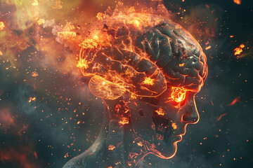 Brain ablaze, dynamic explosions depict degenerative cognitive diseases' turmoil. Intense 3D visualization