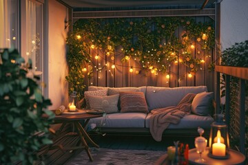 Urban Oasis: Rooftop Sofa, Garlands, and Ambient Lighting