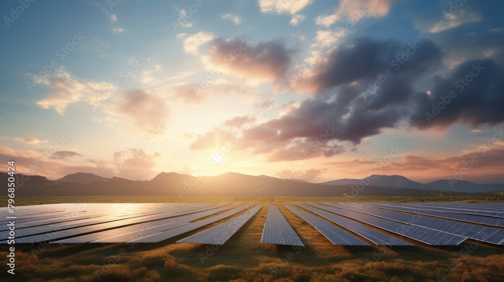 Poster a hopeful image of a solar panel farm stretching across a landscape, representing the transition tow