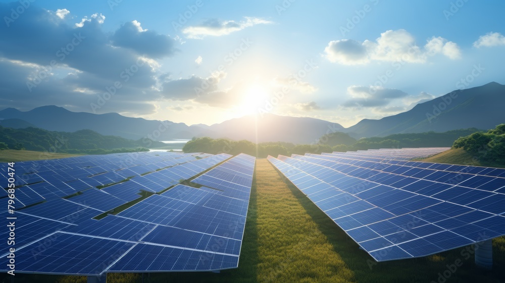 Poster a hopeful image of a solar panel farm stretching across a landscape, representing the transition tow