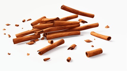 Falling cinnamon sticks isolated on transparent or white background.