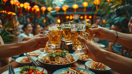 People in asian are celebrating the festival they clink glasses beer and dinner happy