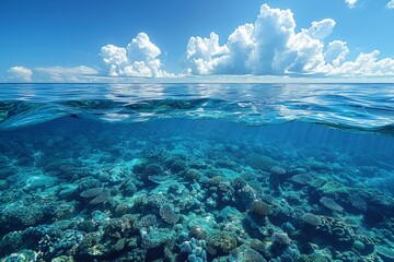 Fototapeta premium The stunning underwater world comes to life in this image showcasing the crystal clear ocean water above a vibrant coral reef