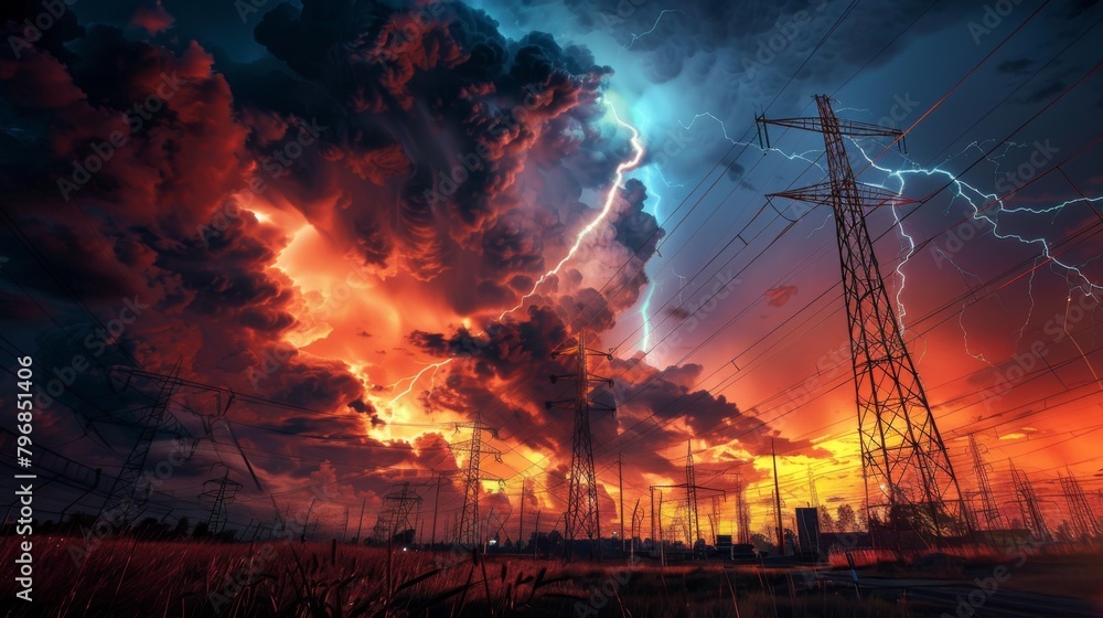 Poster a dramatic lightning storm illuminating the sky behind high-voltage power lines, emphasizing the raw