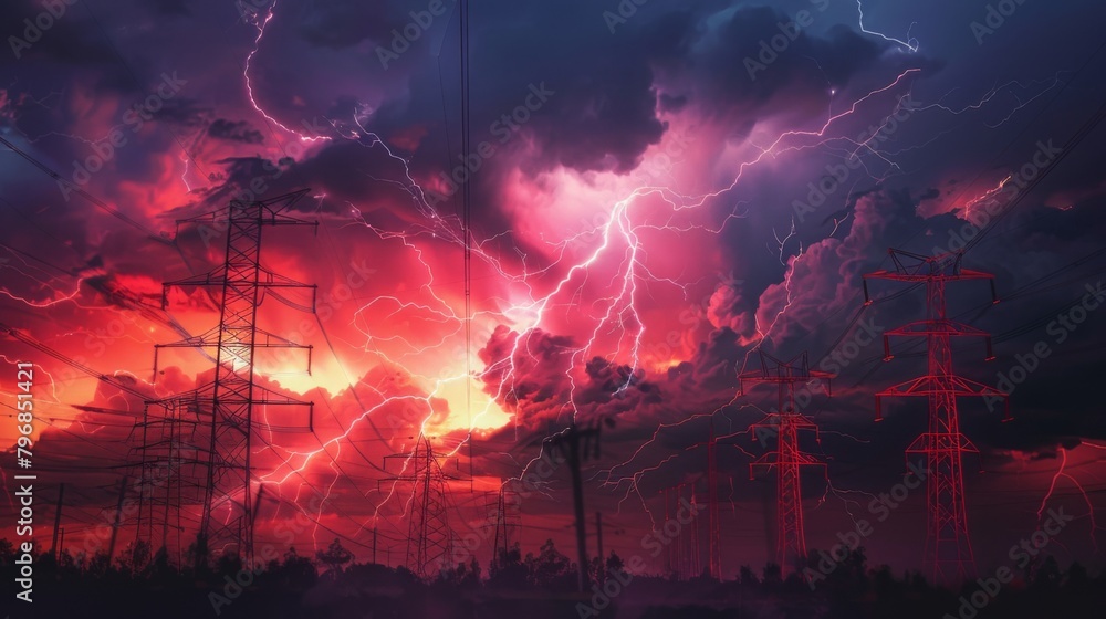 Poster a dramatic lightning storm illuminating the sky behind high-voltage power lines, emphasizing the raw