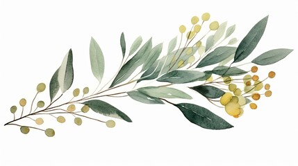Obraz premium Enchanting Watercolor Eucalyptus on White Background, Green and Gold Palette with Delicate Gold Accents