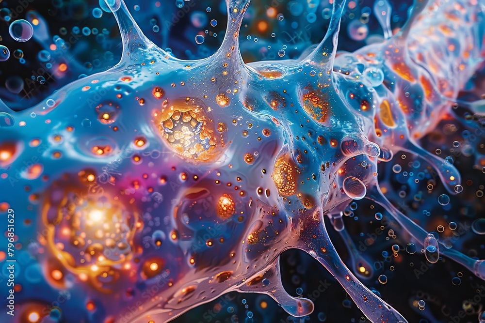 Poster this vibrant image captures a neuron-inspired structure with intricate details and glowing orbs, sug