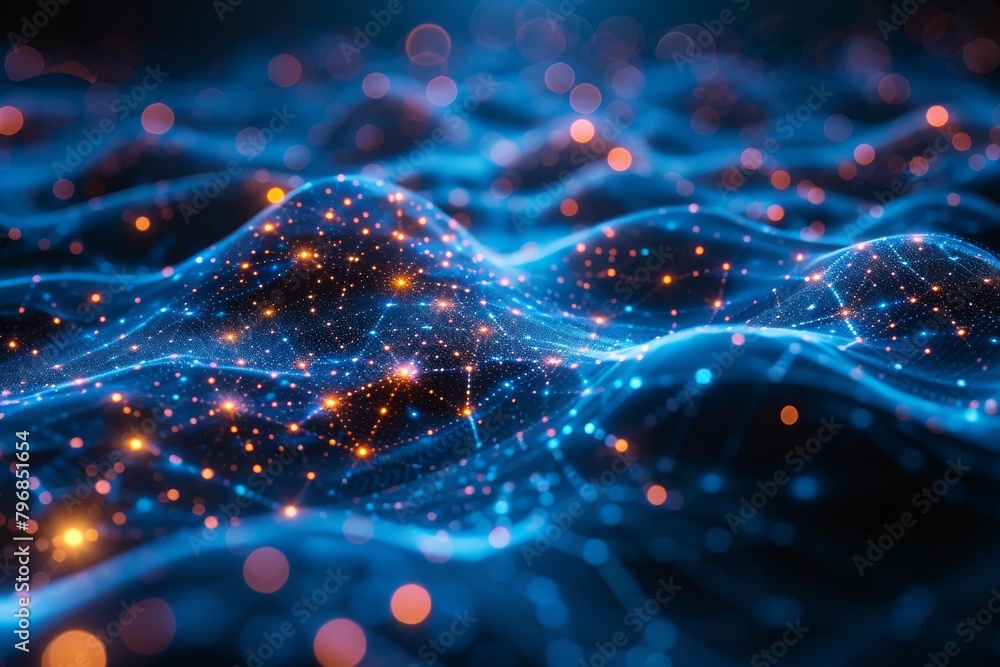 Poster this image depicts a digital landscape created by a network of glowing blue particles resembling a c