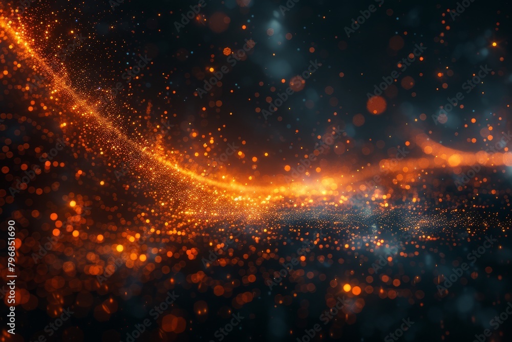 Aufkleber an abstract image capturing dynamic golden particles swirling against a dark, bokeh blur background,