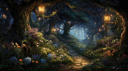 Fototapeta na wymiar a wide winding path through lush enchanted forest, with tree canopy, magical fairytale lanterns, AI Generative