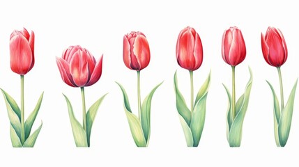 Vibrant Spring Blooms, Watercolor Illustration Set of Red Tulips on White Background