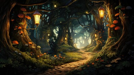 a photo wide winding path through lush enchanted forest, with tree canopy, magical fairytale lanterns, AI Generative
