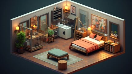 wide-angle isometric bedroom view condo, AI Generative