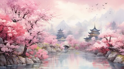 a river in the springtime and come across a city surrounded by blooming flowers, AI Generative - obrazy, fototapety, plakaty