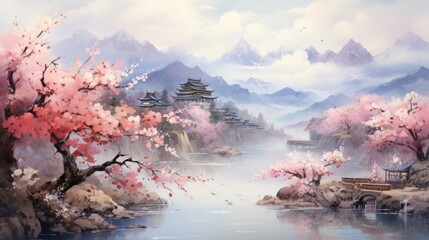 a photo river in the springtime and come across a city surrounded by blooming flowers, AI Generative