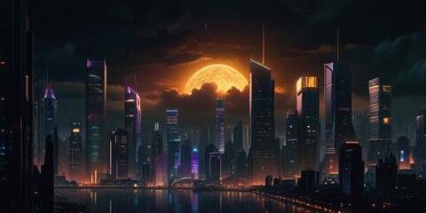 cyberpunk city with lightsgold glitter twinkling in the night