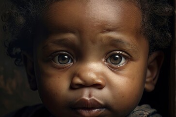 Portrait of african serious little baby boy on the dark background. AI generated
