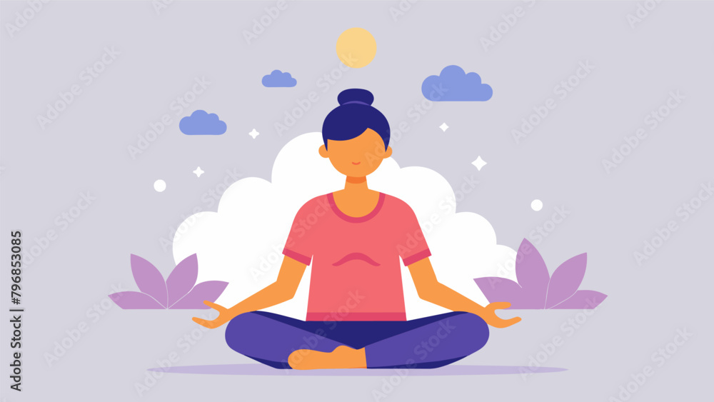 Poster a person sits with a guided meditation app following the instructions to take slow deep breaths and 