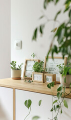 Plants and photo frames placed in a whitish wooden cabinet.