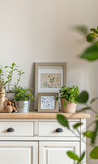 Plants and photo frames placed in a whitish wooden cabinet.