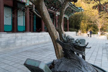 View of the bronze dragon statue in the temple
