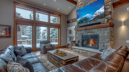 Fototapeta premium A large flat screen TV hangs above the fireplace offering both entertainment and warmth in the ski chalets modern living room. 2d flat cartoon.
