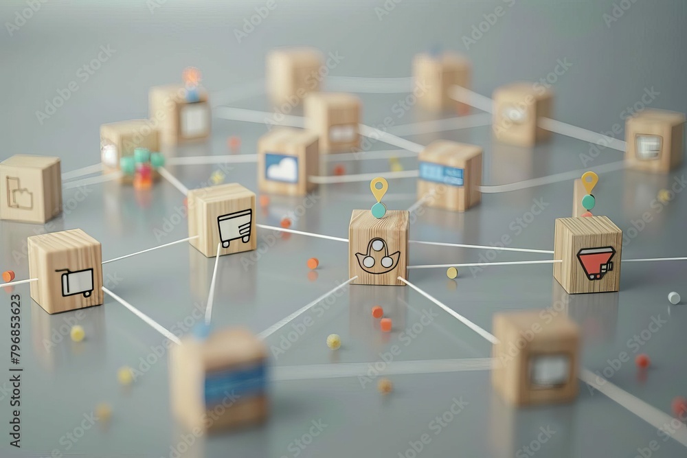 Wall mural franchise business network concept with wooden blocks and connected store icons 3d rendering