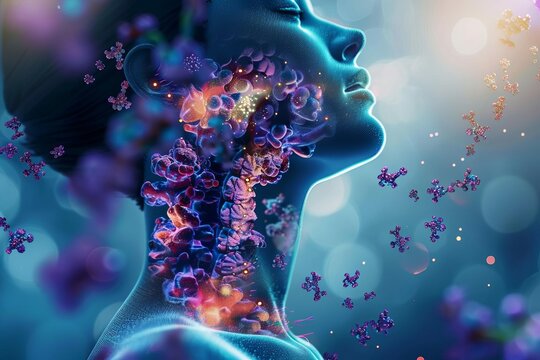 futuristic antibodies attacking womans thyroid gland conceptual 3d illustration of autoimmune thyroiditis