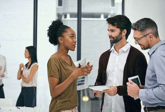 Office, staff and tablet with notes, meeting and teamwork for b2b report or project. Man, woman and communication for collaboration, partnership and small business discussion with iot planning group
