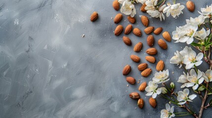 Almonds and flowers on the table with free place for text, mock up