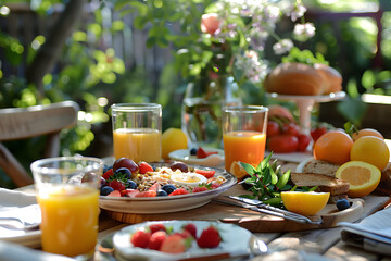 A beautiful breakfast spread on a sunny patio table, representing healthy living and leisure