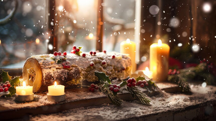 Warm Yulefest scene with decorated Yule log, candles, and snowy window.  Set a festive mood with a sugared Yule log, glowing candles, and gentle snowfall.