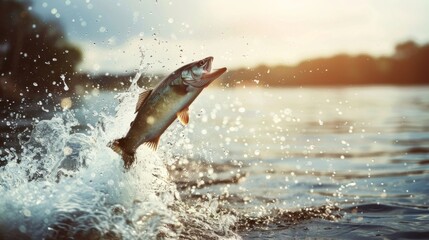 A fish jumping out of the water, caught mid-air, as it fights to escape the hook and line