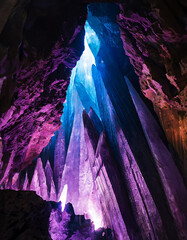 A mystical cave with vibrant, illuminated crystals in purple and blue hues, evoking a sense of wonder and fantasy