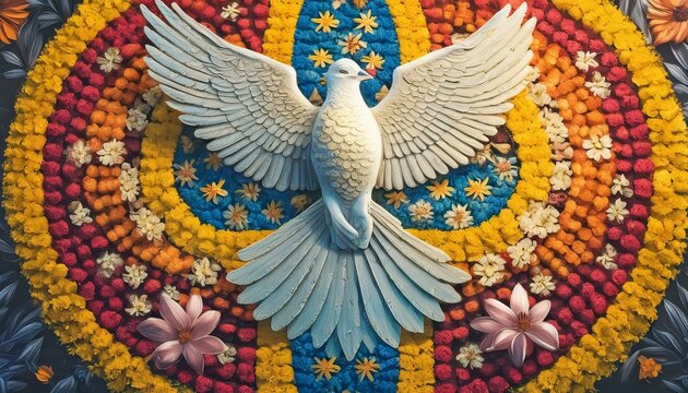 ilustrat&ccedil;&atilde;o hiperrealista de tapetes feitos apenas de p&eacute;talas de flores com s&iacute;mbolos cat&oacute;licos: ilustra&ccedil;&atilde;o de pombas da paz, ilustra&ccedil;&atilde;o de cruz cat&oacute;lica, ilustra&ccedil;&atilde;o de c&aacute;lice. Corpus christ