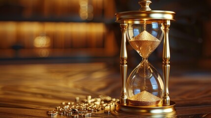 A golden hourglass with sand trickling down, symbolizing the preciousness of time and value of gold