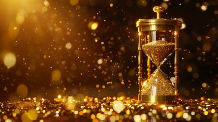 A golden hourglass with sand trickling down, symbolizing the preciousness of time and value of gold