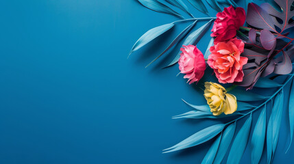 Vibrant tropical flowers on blue background